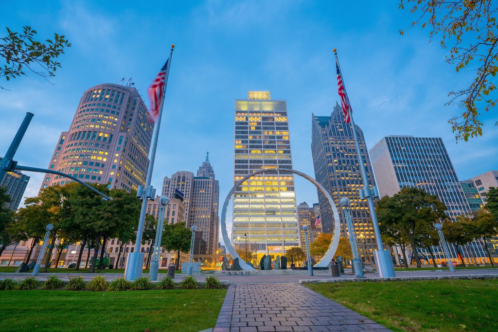 View of downtown Detroit riverfront in Michigan USA