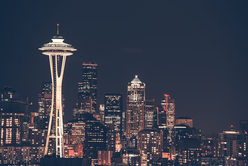 Seattle City Skyline at Night. Seattle, Washington, USA.